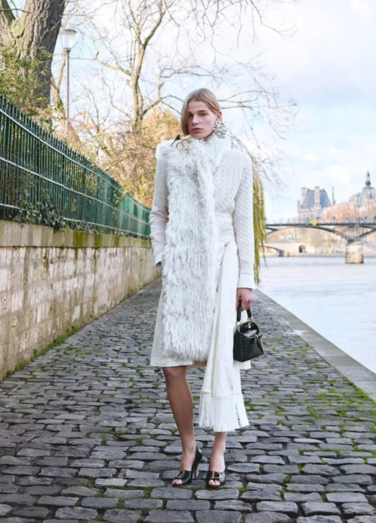 Dior Pre-Fall 2026 Look 15 — fur-layered white dress