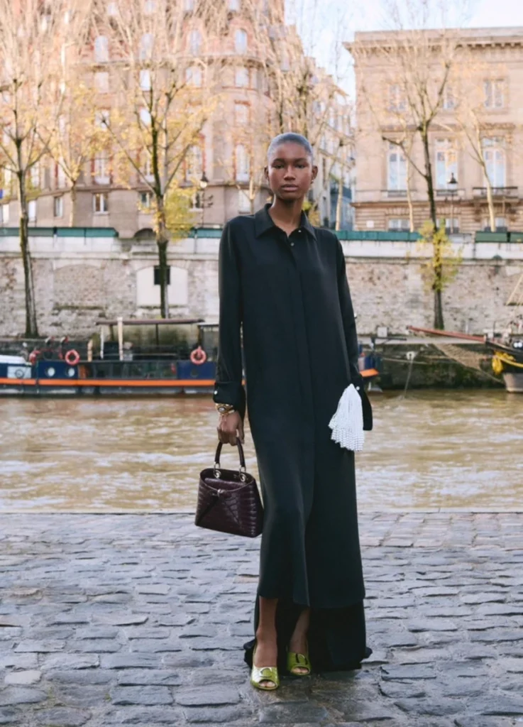 Dior Pre-Fall 2026 Look 82 — black dress with pearl detail