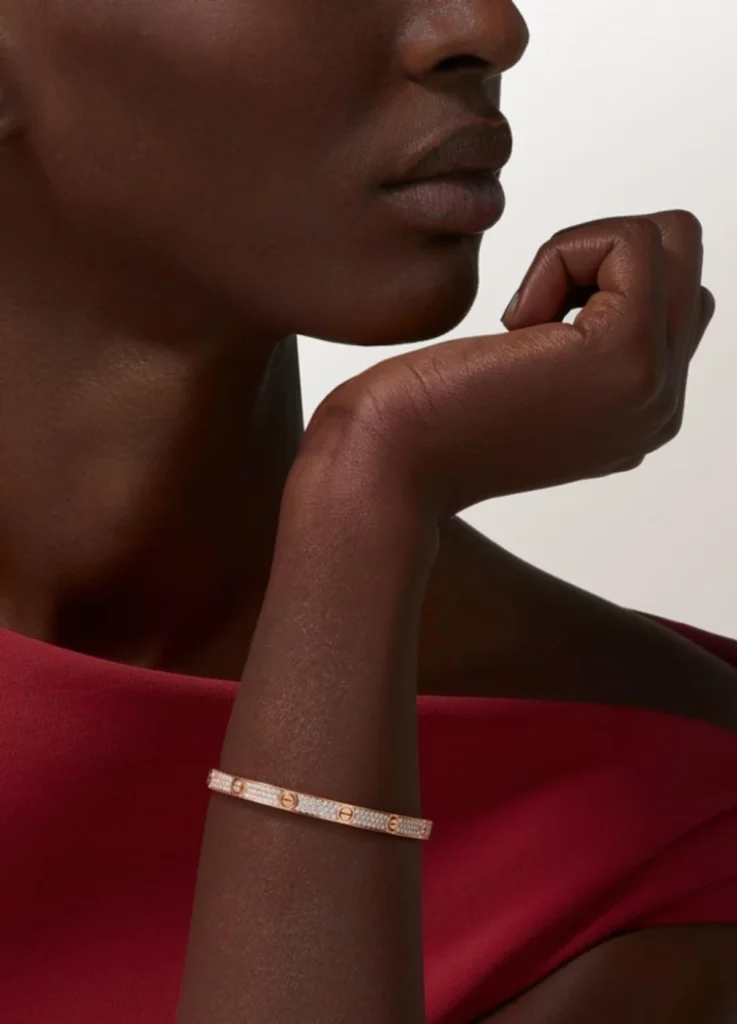 Cartier LOVE bracelet, Medium model, paved, Rose Gold
source: Cartier.com