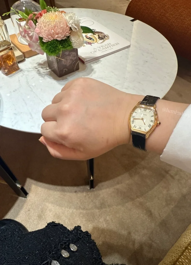 Tortue watch, small model, high-autonomy quartz movement. 18K yellow gold (750/1000) case