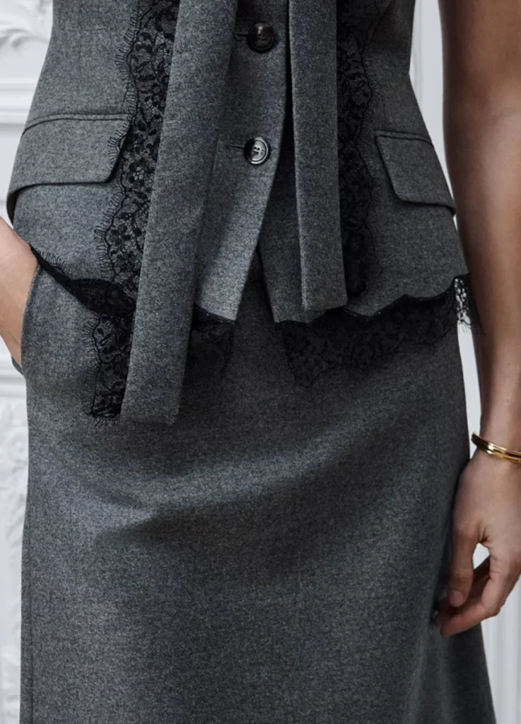 Dior Fall 2026 Gray Short-Sleeve Lace Flannel Jacket and Skirt setup