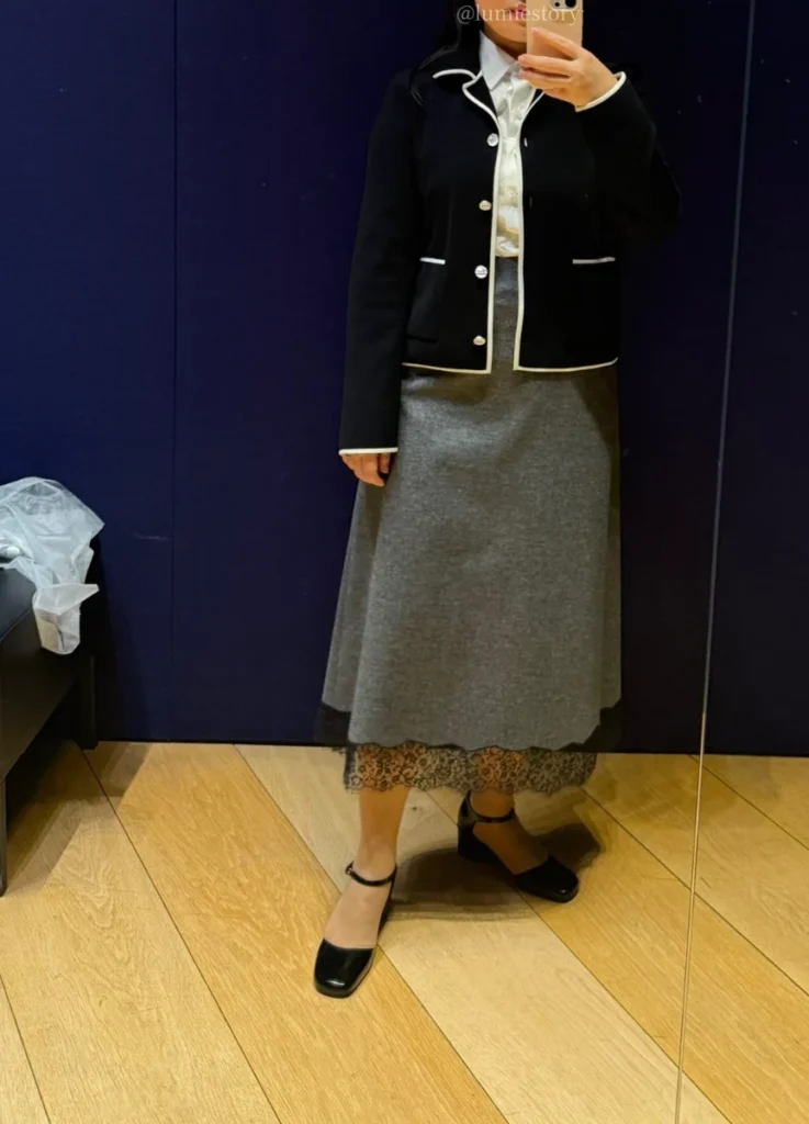 Dior Fall 2026 Gray Flannel Skirt with lace hem detail