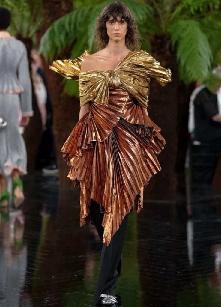  Copper crushed-lamé off-shoulder gown