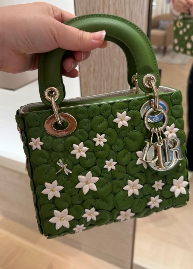 Green Lady Dior with lily pad appliqué, at the boutique