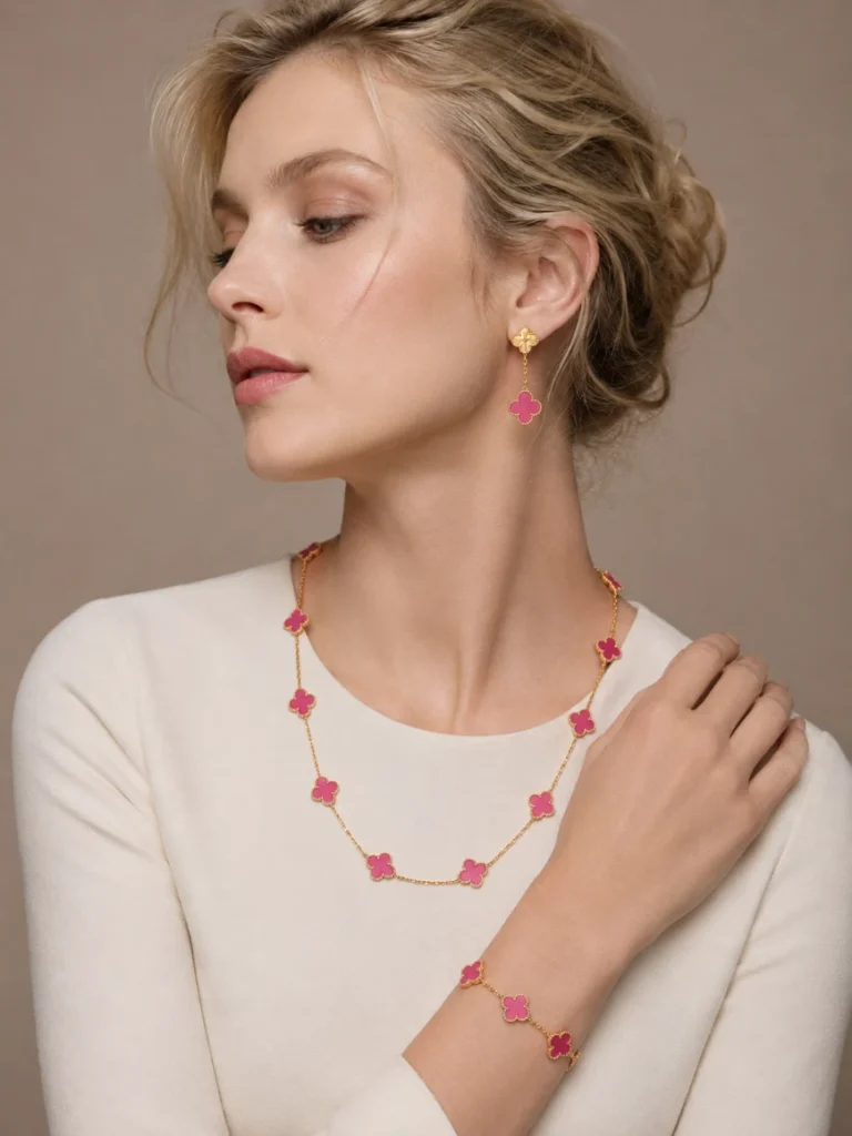 Pink Enamel Alhambra necklace and bracelet worn