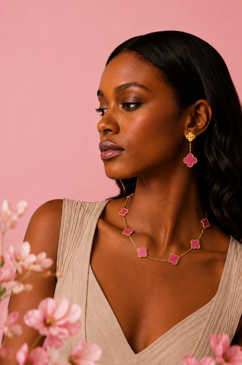 Pink Enamel Alhambra —Vintage Alhambra Necklace (10 motifs) Magic Alhambra Earrings (2 motifs)