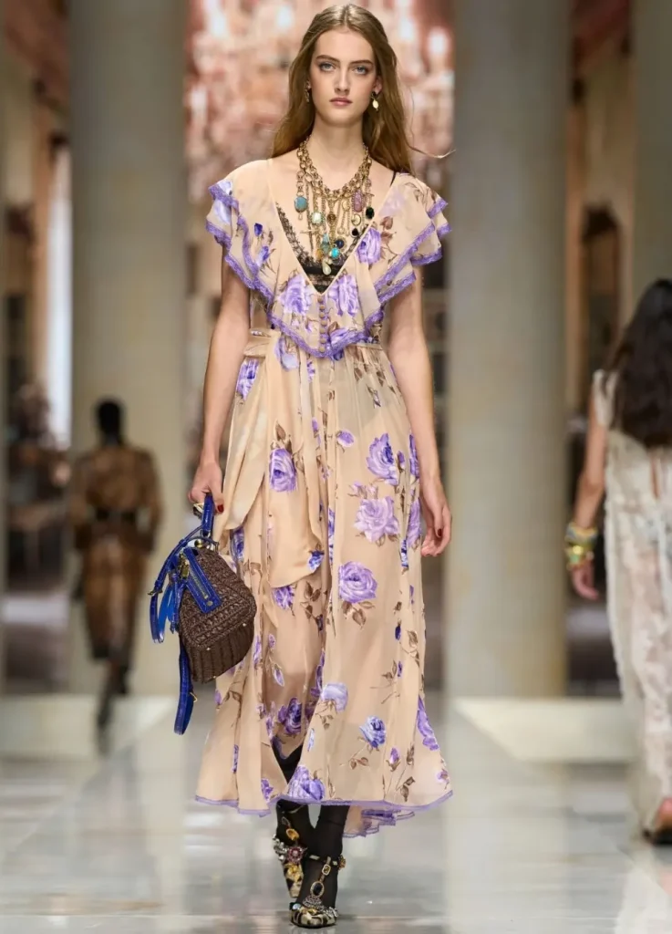Look 9 — lilac floral dress with blue-trimmed basket bag