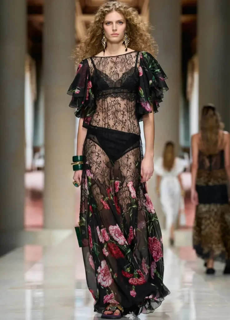 Dolce & Gabbana Spring 2027 Look 81
— black lace and floral sheer maxi dress